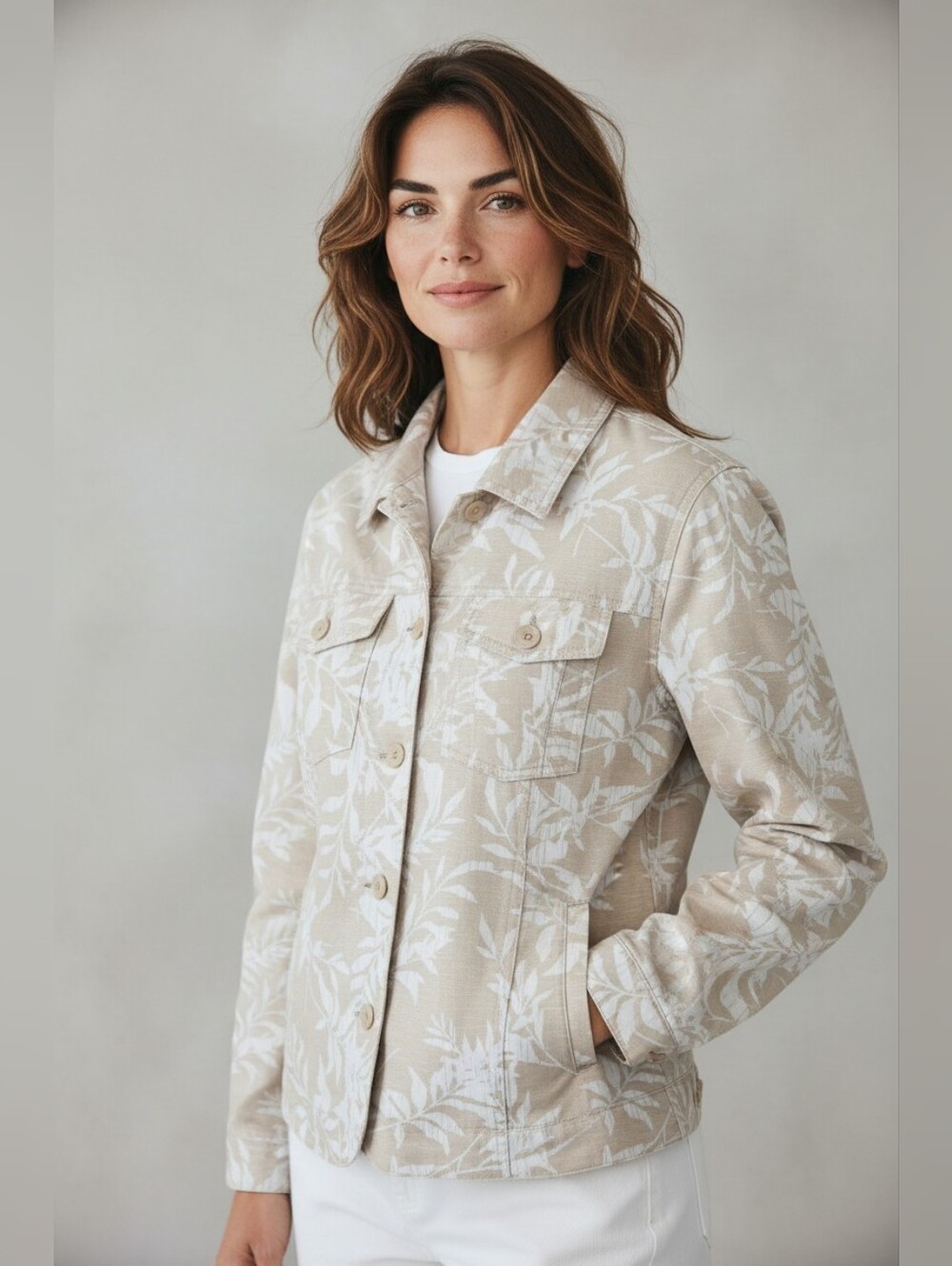 croft & barrow Linen/ Cotton Beige and White Botanical Print Jacket